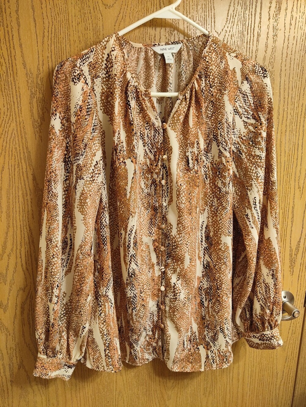 Nine West Brown and Cream Snake-Print Button Front Blouse